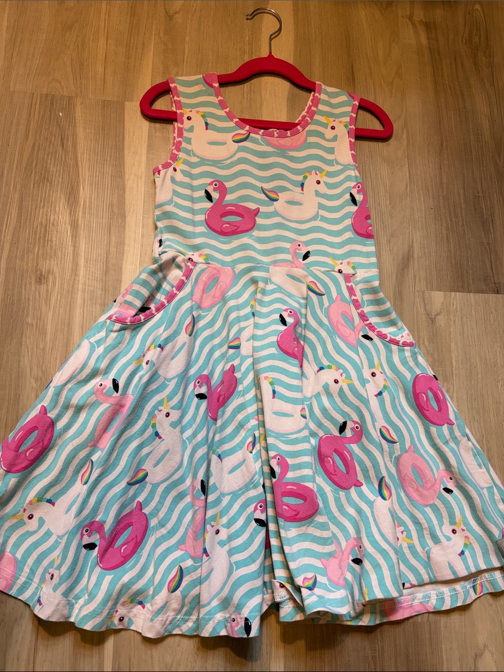 Eleanor Rose Cotton Pink & Aqua Flamingo Tank Dress - 8-10